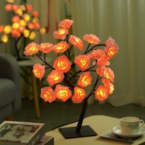Romantic LED Black tree Pink Rose Tree lamp USB switch simulation fake flower night light friend birthday gift small table lamp